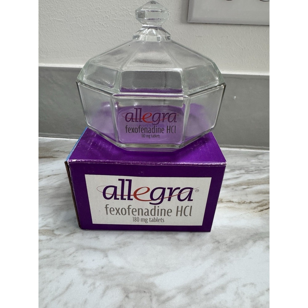 ALLEGRA Nasacort Pharma Advertising glass candy dish with lid 4 1/2" tall VTG